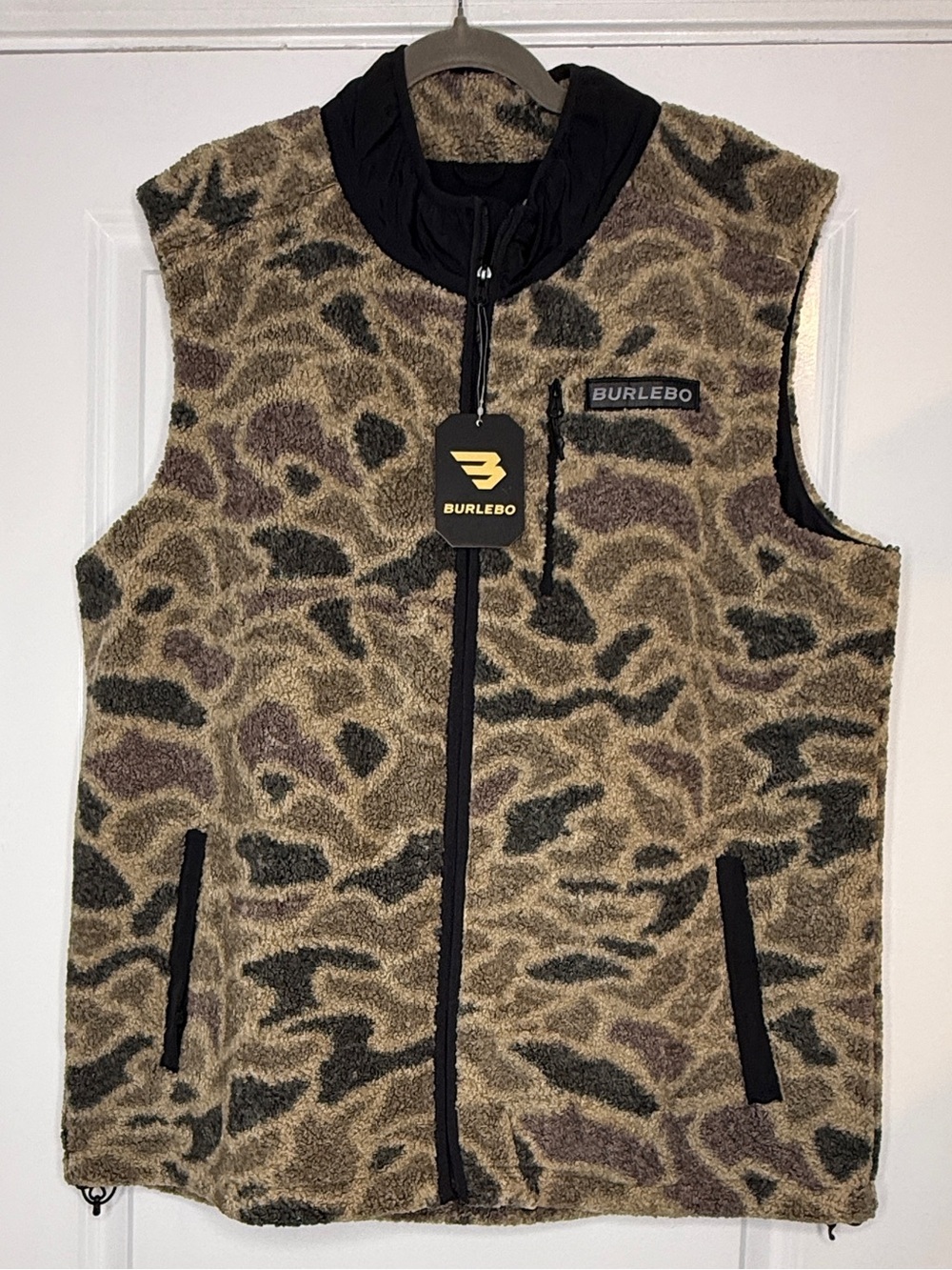 BURLEBO Camouflage Lined Sherpa Vest Adjustable Waist Brown Olive Sz L | NWT - Picture 3 of 9